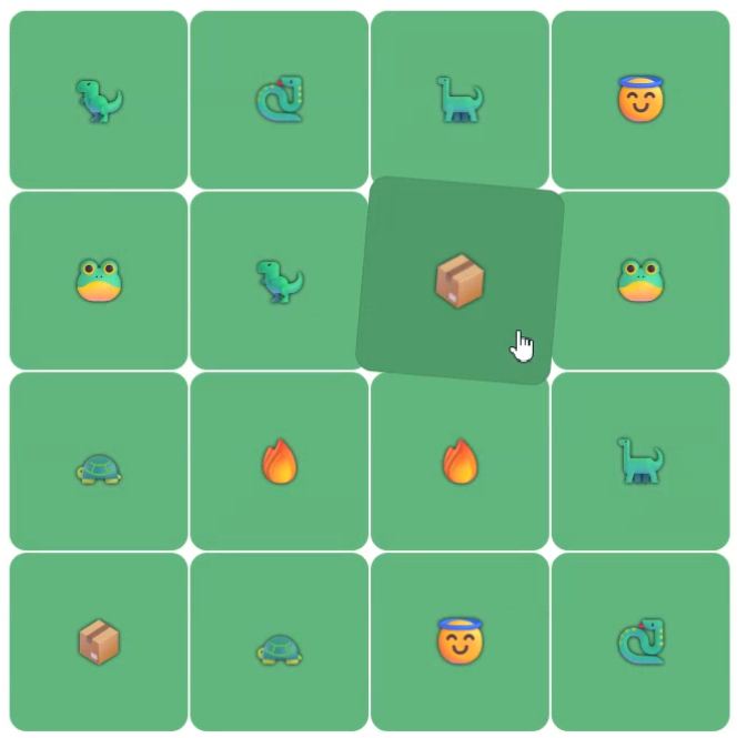 An image of a 4x4 set of green tiles containing a centered emoji, each with a corresponding pair somewhere in the array.