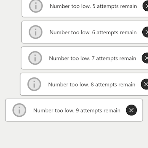 A webpage with a heading reading 'Guessit!', a form asking the user to guess a number between 0 and 100, and many toast notifications in the bottom right to notify the user of their actions.